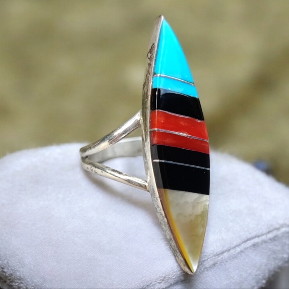 Antique Jewelry - Antique Sterling Zuni signed turquoise coral onyx and mother of pearl ri…